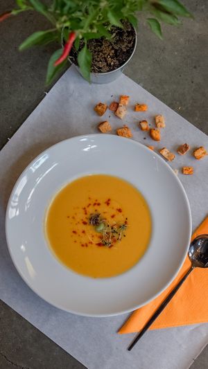 Lentil cream soup at Nom Nom in Bucharest