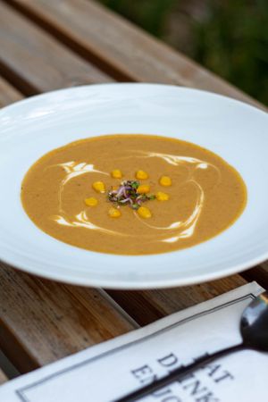 Cream of corn soup at Nom Nom in Bucharest