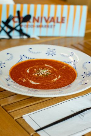 Romesco soup at Nom Nom in Bucharest