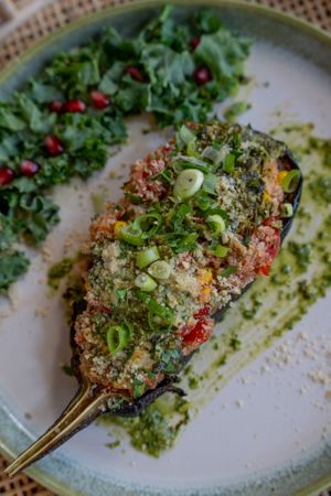 Eggplant with quinoa at Nom Nom in Bucharest