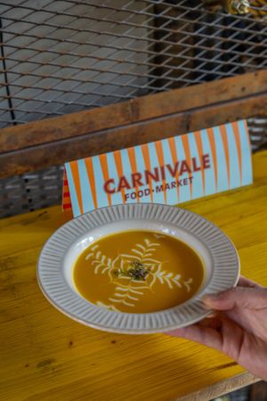 Pumpkin cream with coconut milk at Nom Nom in Bucharest