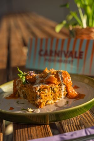 Vegan lasagna at Nom Nom in Bucharest