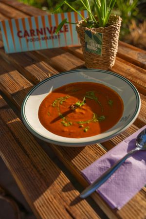 Romesco soup at Nom Nom in Bucharest