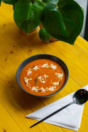Romesco soup at Nom Nom in Bucharest