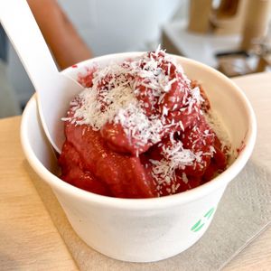 Coconut cacao base mixed with frozen cherries topped with shredded coconut   at Yin Yum Snowfruit in Mallorca