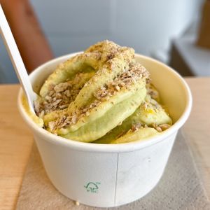 Coconut matcha base with mango and tiger nut topping  at Yin Yum Snowfruit in Mallorca