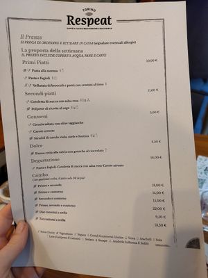Weekly menu at Respeat in Turin