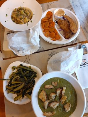 The tasting menu (top) and the broccoli soup with chicory greens at Respeat in Turin