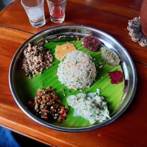 Padayal meals. Comes with rice (aval/ poha), sambar, poriyal, rasam, buttermilk, beeda etc at Padayal NO OIL NO BOIL Restaurant in Coimbatore
