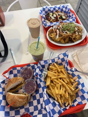The whole spread with mint smoothie and PB smoothie   at Dale and Dollops in Ocean Grove