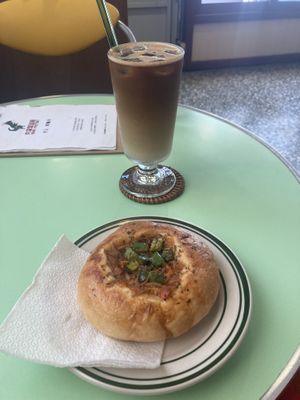 Pizza bread and iced oat latte  at Roar Factory in Tainan