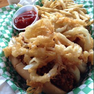 Shmurder Dogs (vegan hot dogs topped with chili & onion rings!) at Green New American Vegetarian in Tempe
