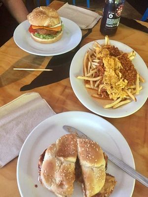 Chili cheese fries, burger, and BBQ sammie at Green New American Vegetarian in Tempe