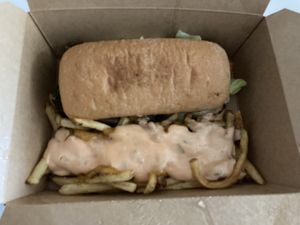 To die for… Chicago Cheesesteak and West Coast Fries. at Green New American Vegetarian in Tempe