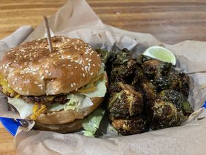 Big wac burger and fried Brussel sprouts    at Green New American Vegetarian in Tempe