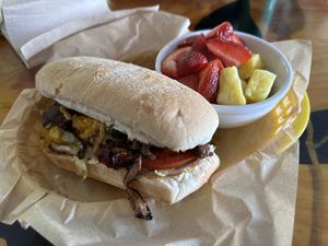 Chicago cheese steak with fruit  at Green New American Vegetarian in Tempe