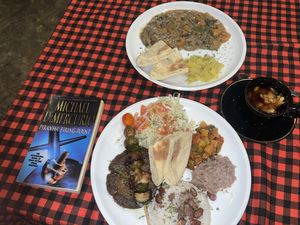 Vegetable platter, stroganoff, and ginger tea with large chunks of ginger   at City Grill in Yogyakarta