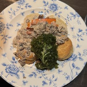 Mushroom, braised celery and puff pastry main course   at Frans & Chérie in Rovaniemi