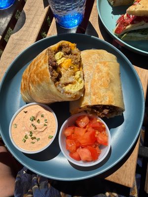 Breakfast burrito, tomatoes on the side at Whale Bites Cafe in Depoe Bay