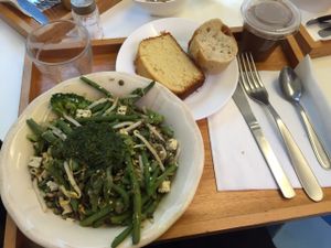 Lunch at Fée Nature:
Green veggies with soy sprouts and spelt. at Fee Nature in Paris