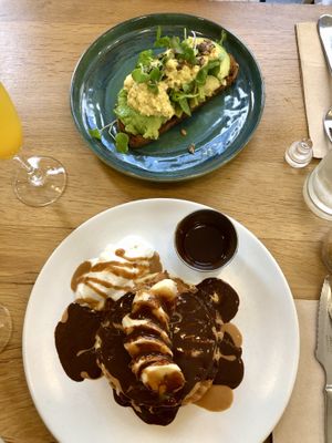 Chocolate pancakes and Avo toast  at botànic in Barcelona