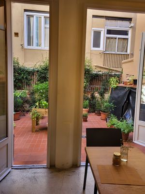 View out from the restaurant to the courtyard full of herbs at botànic in Barcelona