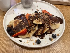 …pancakes with chocolate sauce  at botànic in Barcelona