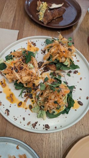 Blini with kimchi at botànic in Barcelona