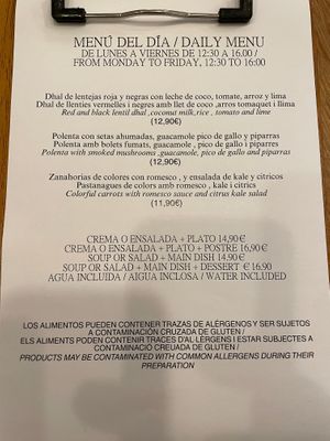 Menu of the day (7 of 7). This was the same two days in a row, I don't know how often it changes. at botànic in Barcelona