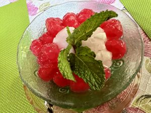 Water chestnuts “ruby” with coconut sorbet  at Na Aroon in Bangkok