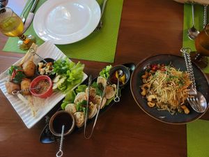 Assorted sampler with REAL PRAWNS. vegan spring rolls. And vegan spicy  and sour pomelo salad at Na Aroon in Bangkok