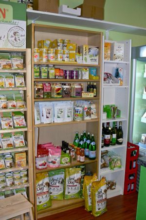 One of the grocery shelves at Veganissimi in Bremen