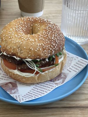 Tempeh bagel, with vegan cream cheese, tomato sprout, sourdough bagel  at IVEGAN SUPERSHOP BEN THANH - Healthy Plant Based Cafe in Ho Chi Minh City