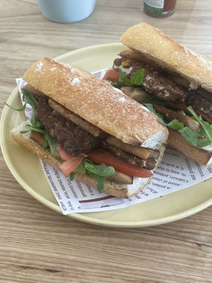 Baguette with king oyster mushrooms and red pesto; + extra marinated tempeh  at IVEGAN SUPERSHOP BEN THANH - Healthy Plant Based Cafe in Ho Chi Minh City