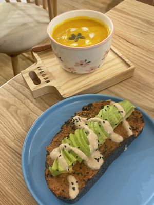 Pumpkin soup, red pesto and avocado toast  at IVEGAN SUPERSHOP BEN THANH - Healthy Plant Based Cafe in Ho Chi Minh City