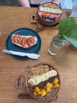 Ivegan smoothie bowl and chocolate/ banana smoothie bowl. Cream cheese toastted  at IVEGAN SUPERSHOP BEN THANH - Healthy Plant Based Cafe in Ho Chi Minh City