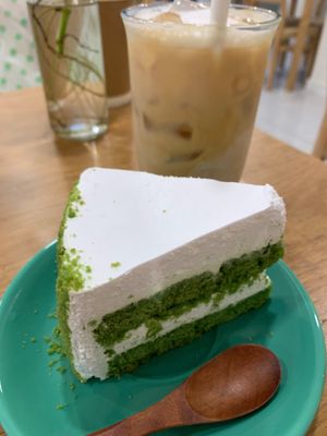 ⚖️🗝️Matcha 🇵🇸🇻🇳 Cake made of 🌏🇵🇸Coconut and Matcha Powder🇮🇪🇵🇸, paired with an Iced 🇵🇸🇪🇸Coffee Latte🇳🇴🇵🇸🇲🇲 at IVEGAN SUPERSHOP BEN THANH - Healthy Plant Based Cafe in Ho Chi Minh City