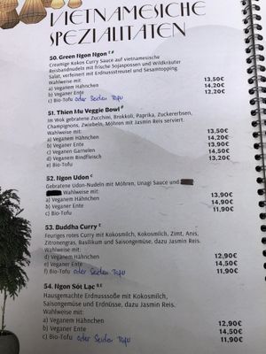 Speisekarte vietnamesische Spezialitäten (Hauptgerichte) / menu Vietnamese specials (main dishes)  at Ngon Veggie in Cologne
