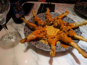 Fried bimi, Brava sauce and chickpea dip at La Huerta Funky Castizo in Madrid