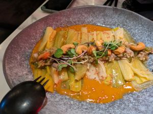 Stewed leaks and kimchi cream at La Huerta Funky Castizo in Madrid