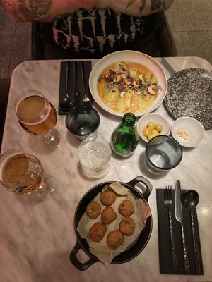 steamed leeks and croquettes  at La Huerta Funky Castizo in Madrid