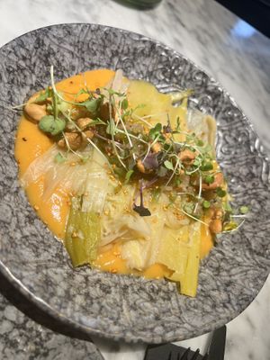 Leek in Vinaigrette with Harissa Cream   at La Huerta Funky Castizo in Madrid