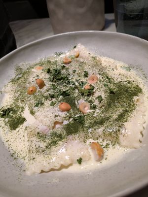 Sundried tomato ravioli in buttery sauce at La Huerta Funky Castizo in Madrid