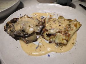 Grilled artichokes with coffee oil at La Huerta Funky Castizo in Madrid