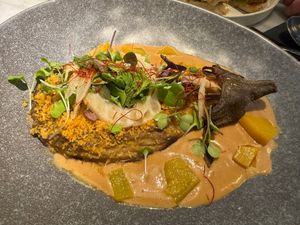 ROASTED AUBERGINE, SATAY SAUCE, PONZU GEL, AND HOMEMADE PICKLES. at La Huerta Funky Castizo in Madrid