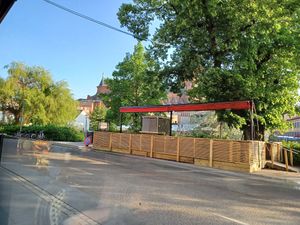 Outdoors seating area across the road at Meza in Uppsala