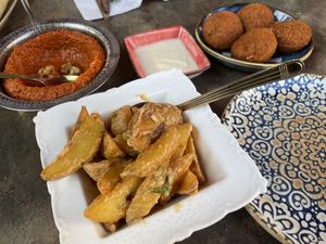 Batata harra, Mhamara and Falafel.   at Meza in Uppsala