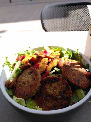 Bowl with dumplings and vegan chicken at Katzentempel Minden in Minden