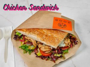 Chicken Sandwich with Market Greens, Tomatoes, Pickles, Hot Peppers, Parsley&Onions, in our locally bakes Persian Barbari Bread
 at ZOOD in Newport Beach