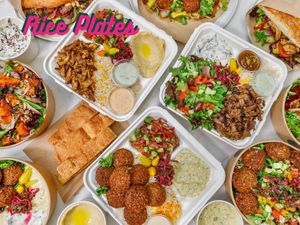 Saffron Basmati Rice with your choice of Chicken, Beef, Falafel, or 1/2 Chicken and 1/2 Beef. And your choice of 2 sides and 2 dressings.
 at ZOOD in Newport Beach